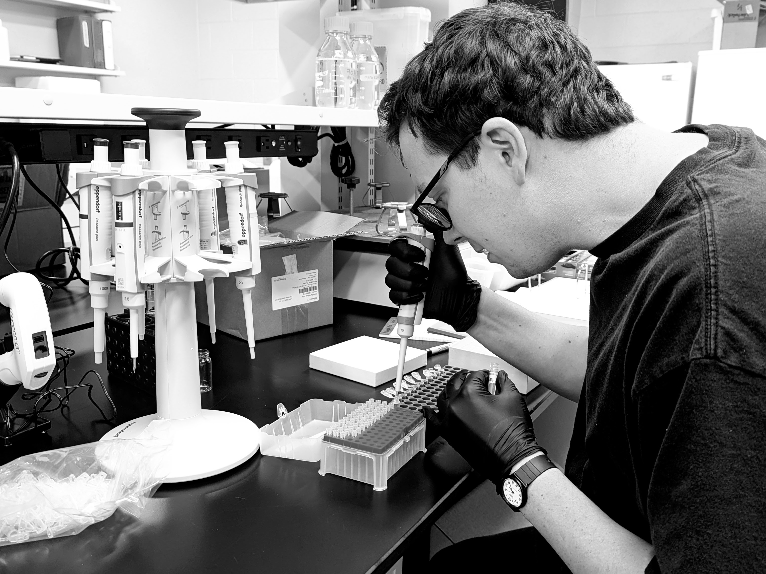 black and white photo of Dr. Varholick pipetting solutions in the lab